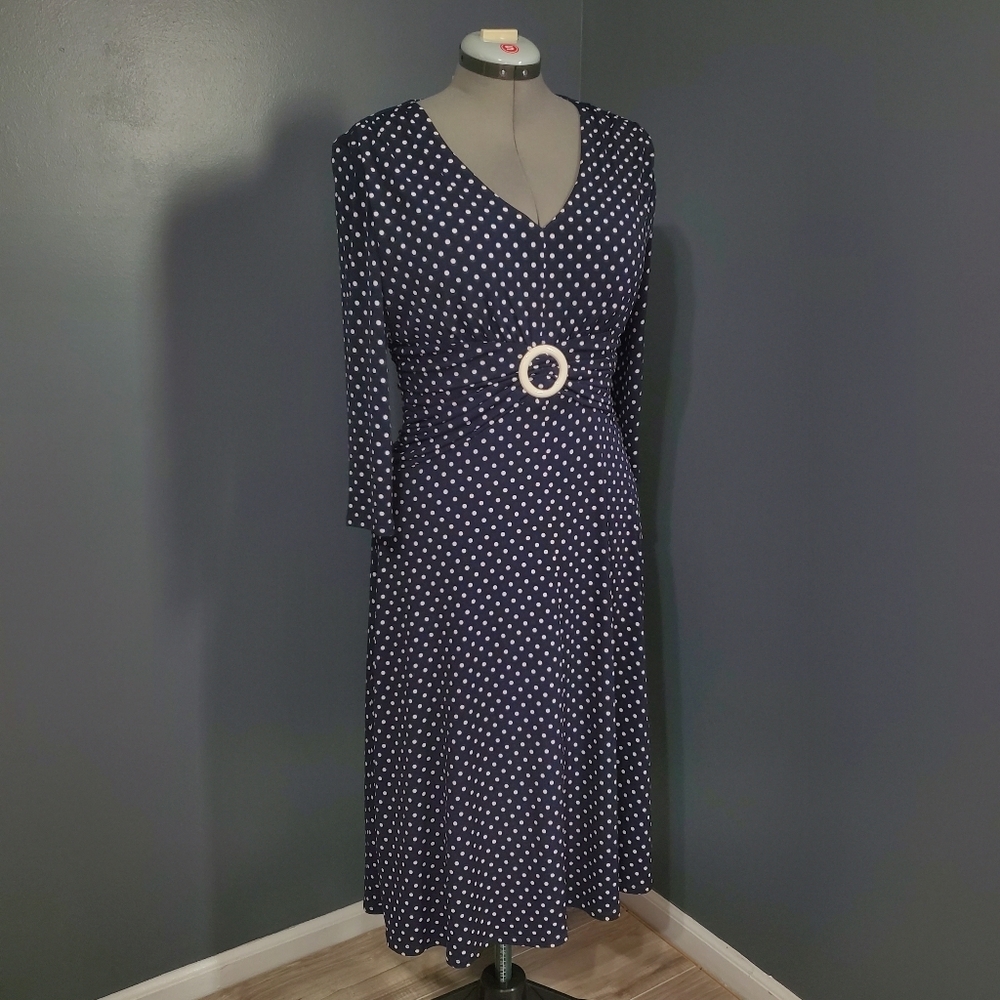 Navy Blue White Polka Dot Pull Over Stretchy Dress Ronni Nicole